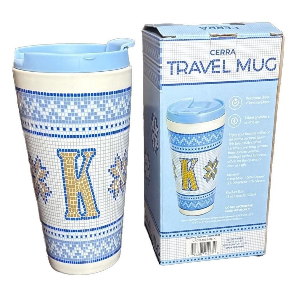 NEW Boxed Cerra Monogram Initial K Blue Mosaic Snowflake Ceramic Travel Mug 18oz